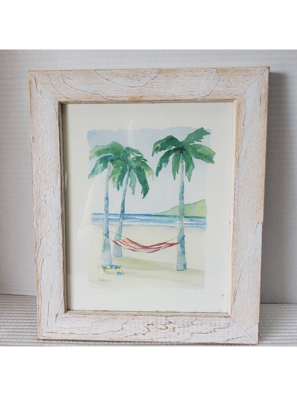 M. Saylor Palm Trees Beach Water Colour Print 12×10" Vintage Melissa Babcock